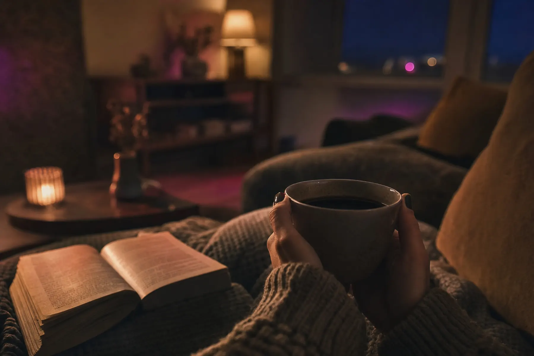 Gemütliches Wohnzimmer am Abend, zwei Hände halten eine Tasse schwarzen Kaffee neben einem aufgeschlagenen Buch