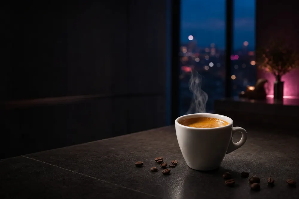 Eine weiße Espressotasse mit dicker Crema auf dunklem Stein, im Hintergrund ein nächtliches Fenster mit Stadtlichtern