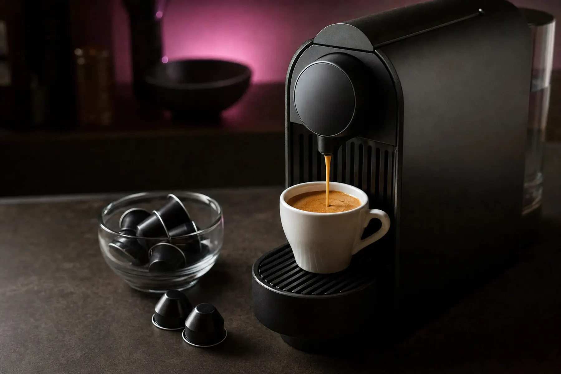 Kompakte Kapselmaschine lässt dunklen Espresso mit Crema in eine weiße Tasse laufen