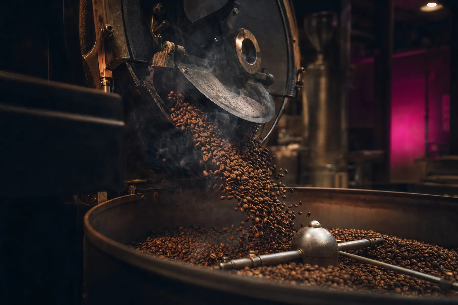 Frisch geröstete Kaffeebohnen fallen aus der Trommel eines Röstautomaten in das Kühlsieb