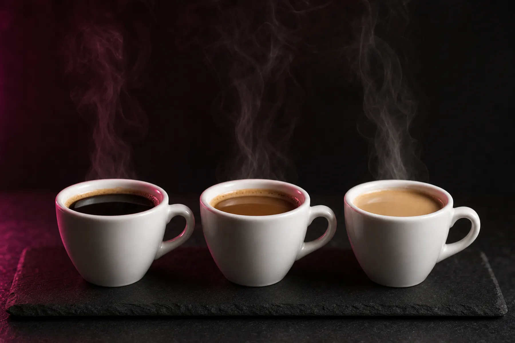 Drei weiße Espressotassen in einer Reihe mit Kaffee in drei Farbtönen von dunkel bis hell