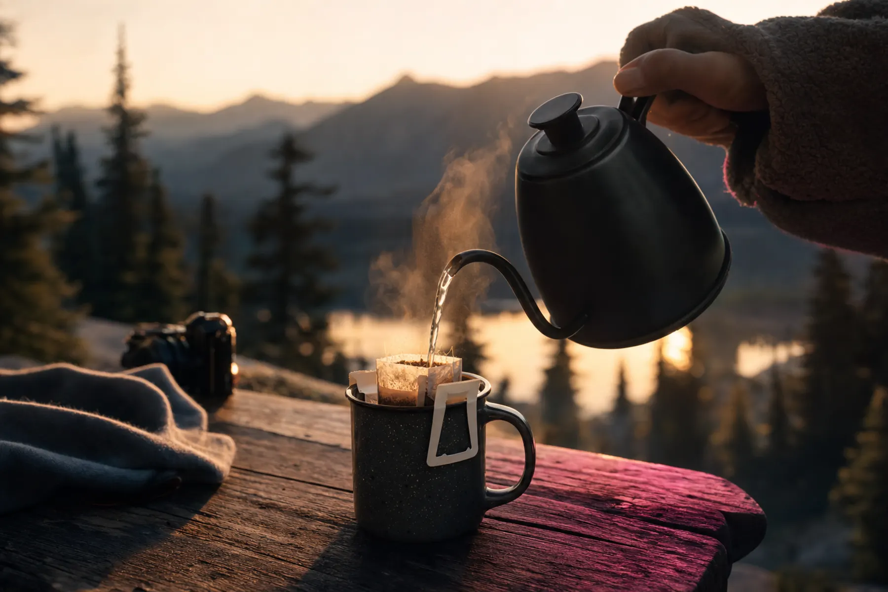 Heißes Wasser wird über einen Filterbeutel an einer Emaille-Tasse gegossen, im Hintergrund Berge und See im Abendlicht