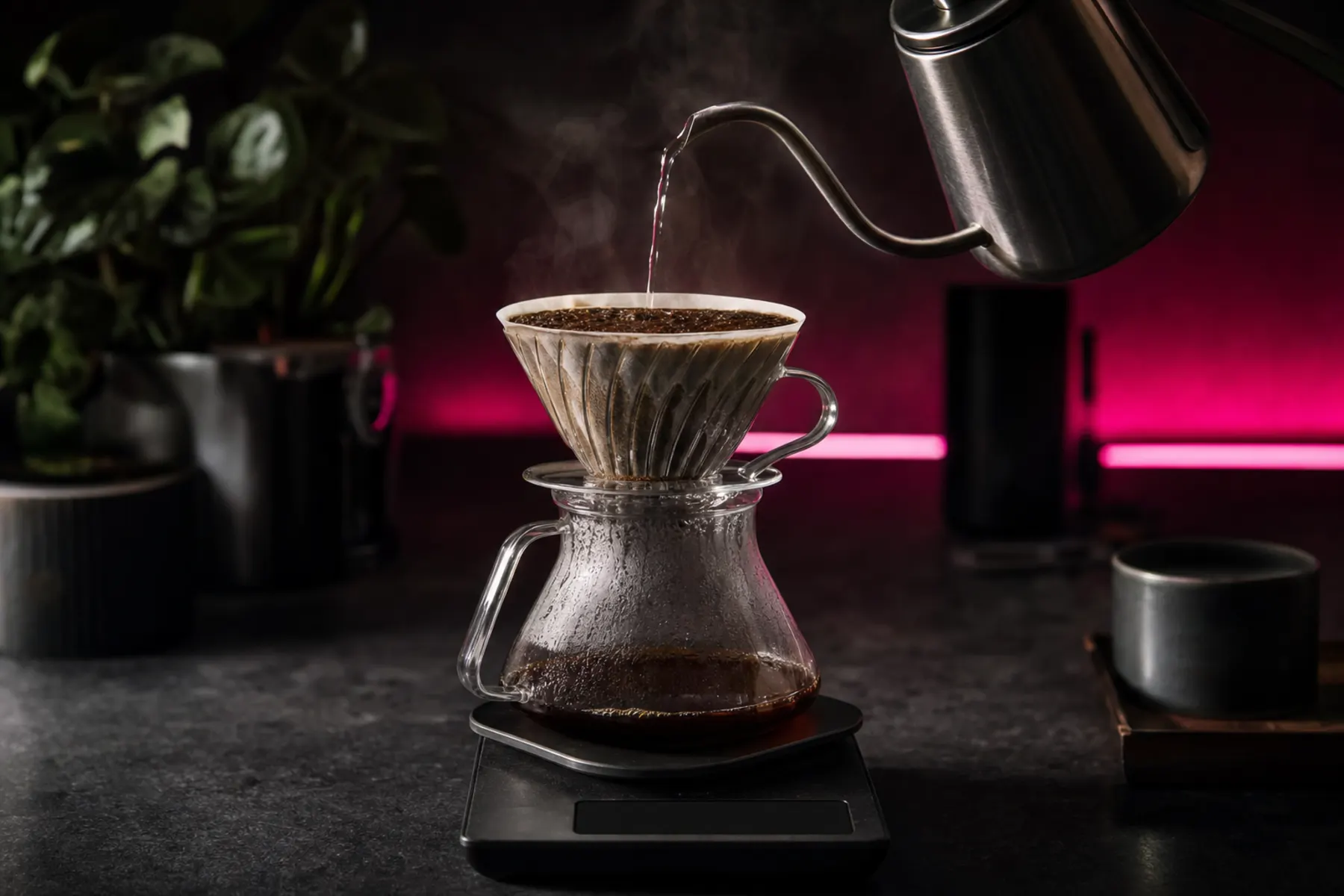 Pour-over-Aufbau mit Schwanenhalskessel, Glasfilter und Karaffe auf einer dunklen Küchenplatte