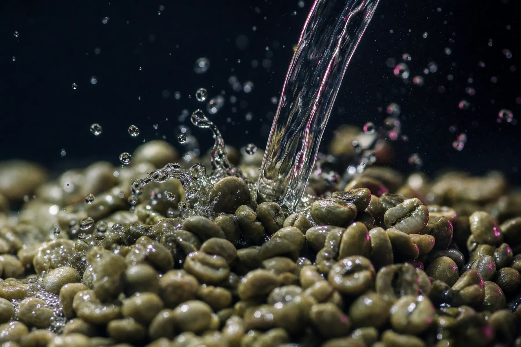 Klares Wasser fließt über grüne Rohkaffeebohnen, Tropfen spritzen im Gegenlicht